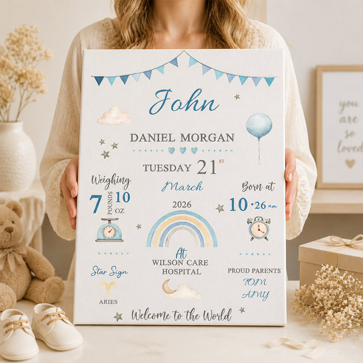 Personalized Baby Birth Stats Canvas Print with Newborn Name and Details Wall Art Baby Shower Gift for New Parents