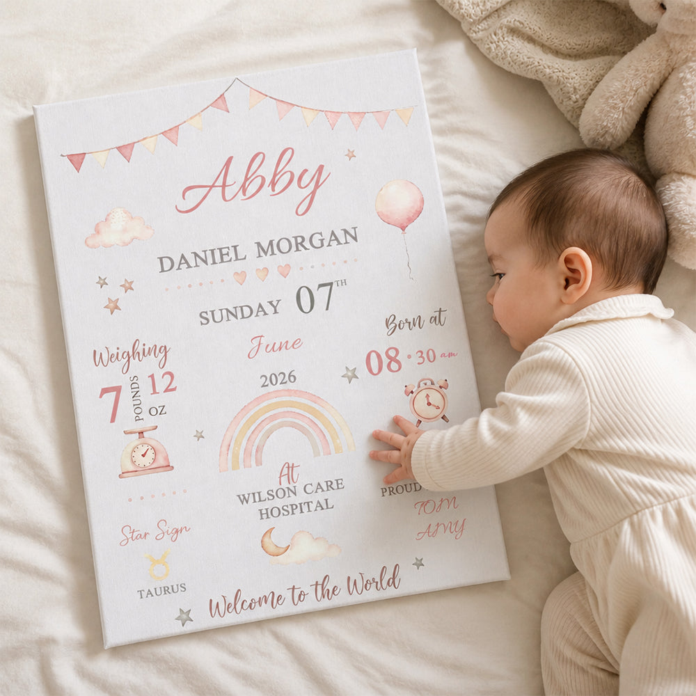 Personalized Baby Birth Stats Canvas Print with Newborn Name and Details Wall Art Baby Shower Gift for New Parents
