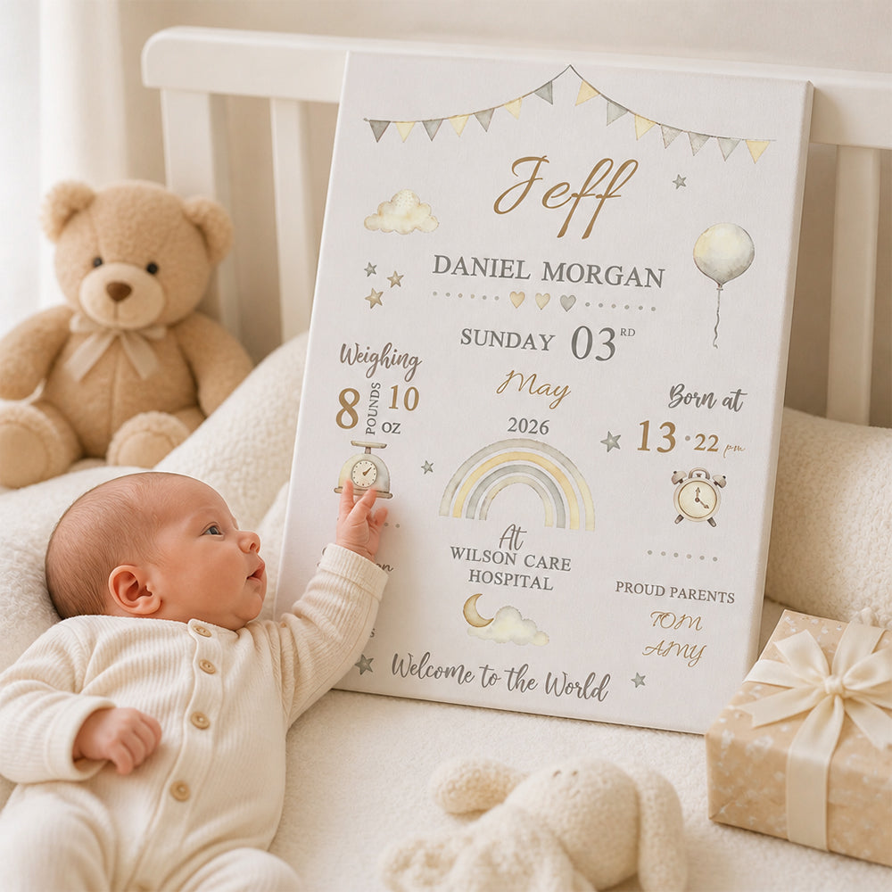 Personalized Baby Birth Stats Canvas Print with Newborn Name and Details Wall Art Baby Shower Gift for New Parents