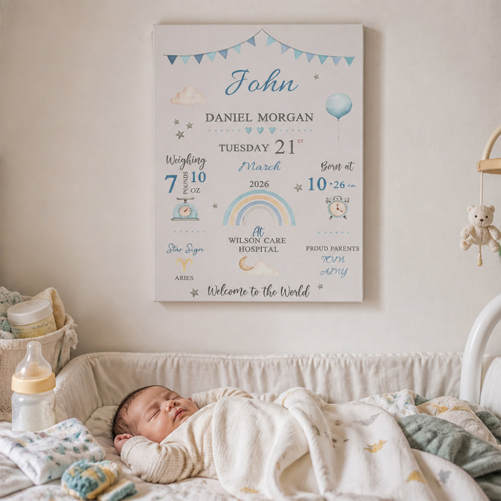Personalized Baby Birth Stats Canvas Print with Newborn Name and Details Wall Art Baby Shower Gift for New Parents