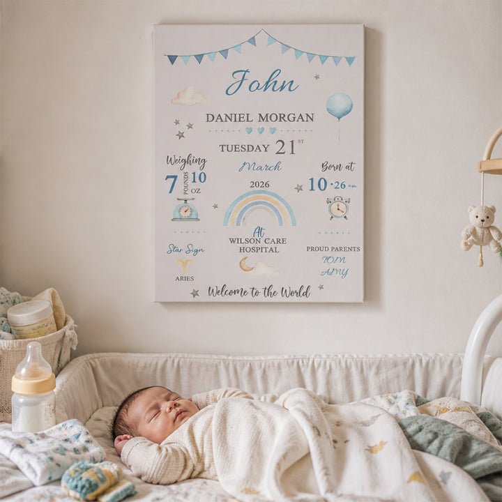 Personalized Baby Birth Stats Canvas Print with Newborn Name and Details Wall Art Baby Shower Gift for New Parents