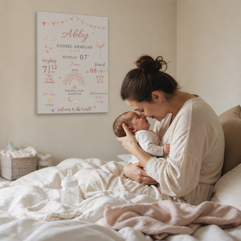 Personalized Baby Birth Stats Canvas Print with Newborn Name and Details Wall Art Baby Shower Gift for New Parents