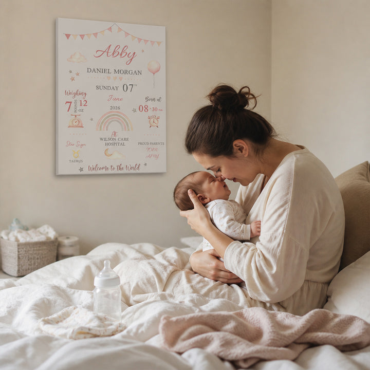 Personalized Baby Birth Stats Canvas Print with Newborn Name and Details Wall Art Baby Shower Gift for New Parents