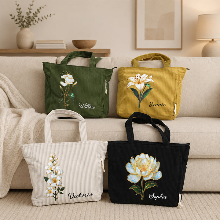 Personalized Birth Flower Corduroy Tote Bag with Name Large Capacity Everyday Shoulder Bag for Work Birthday Gift for Women