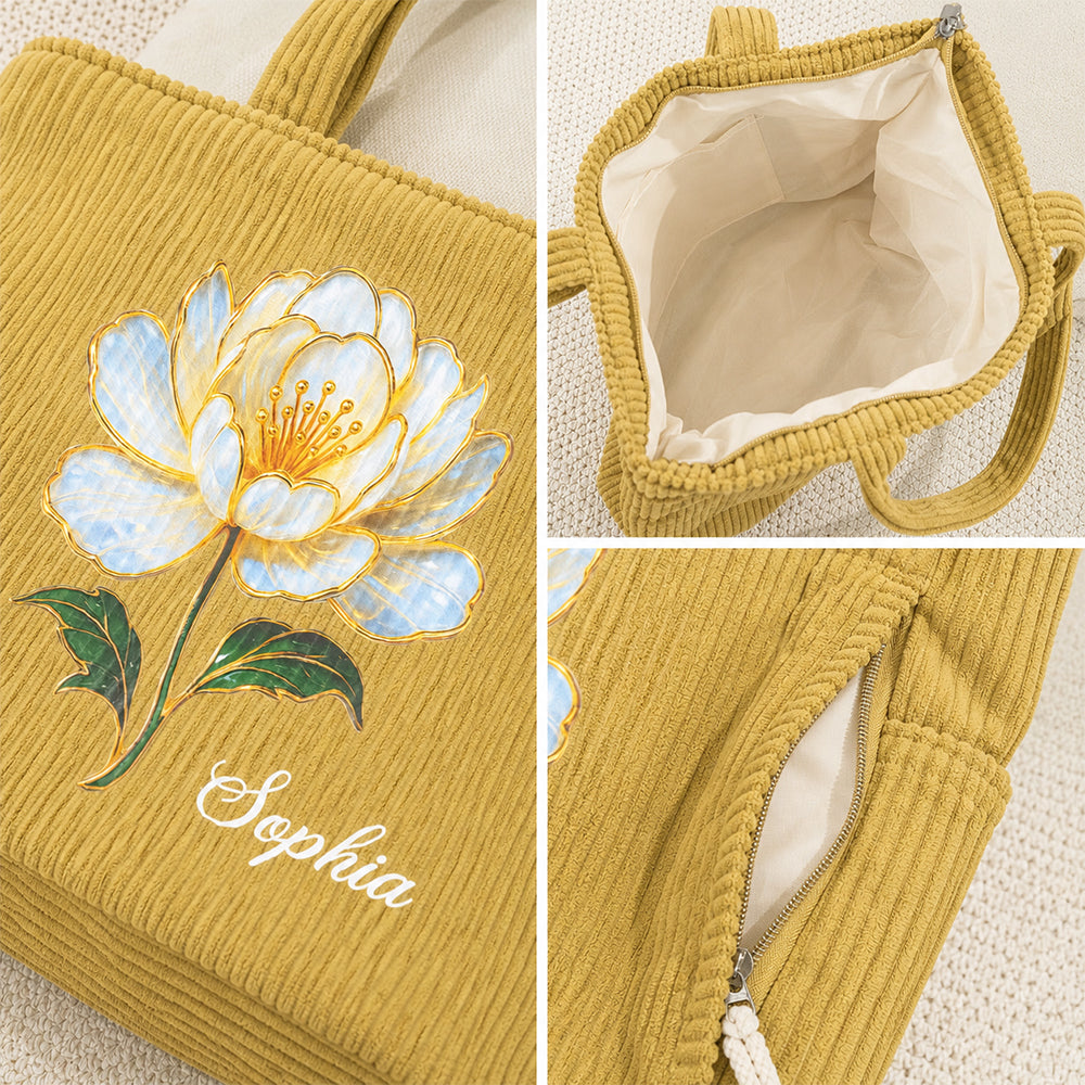 Personalized Birth Flower Corduroy Tote Bag with Name Large Capacity Everyday Shoulder Bag for Work Birthday Gift for Women