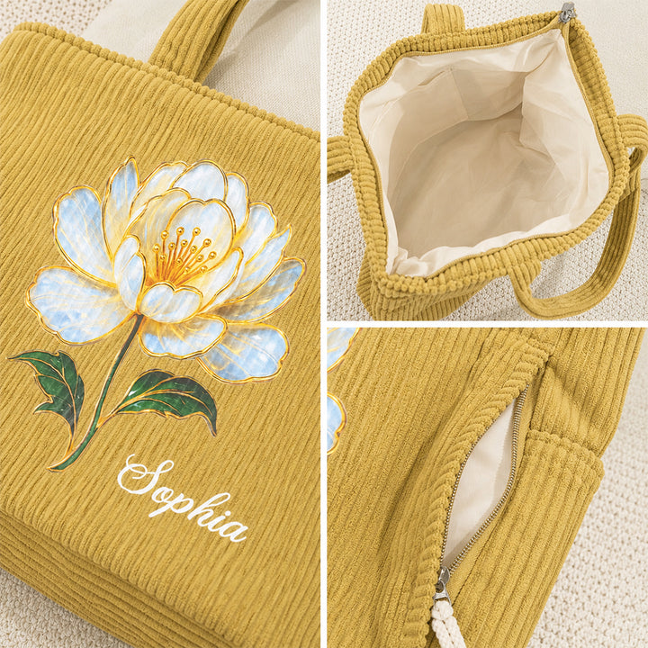 Personalized Birth Flower Corduroy Tote Bag with Name Large Capacity Everyday Shoulder Bag for Work Birthday Gift for Women