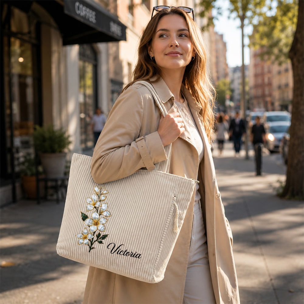 Personalized Birth Flower Corduroy Tote Bag with Name Large Capacity Everyday Shoulder Bag for Work Birthday Gift for Women
