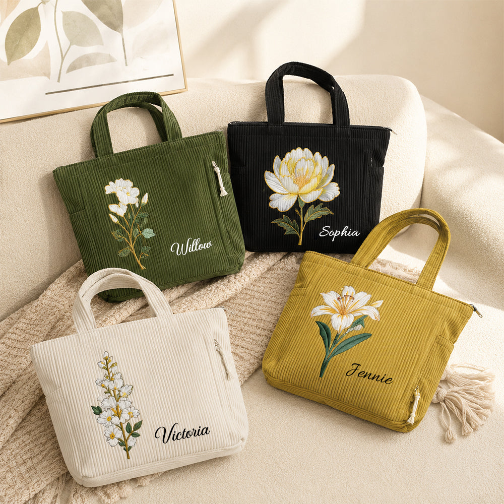 Personalized Birth Flower Corduroy Tote Bag with Name Large Capacity Everyday Shoulder Bag for Work Birthday Gift for Women