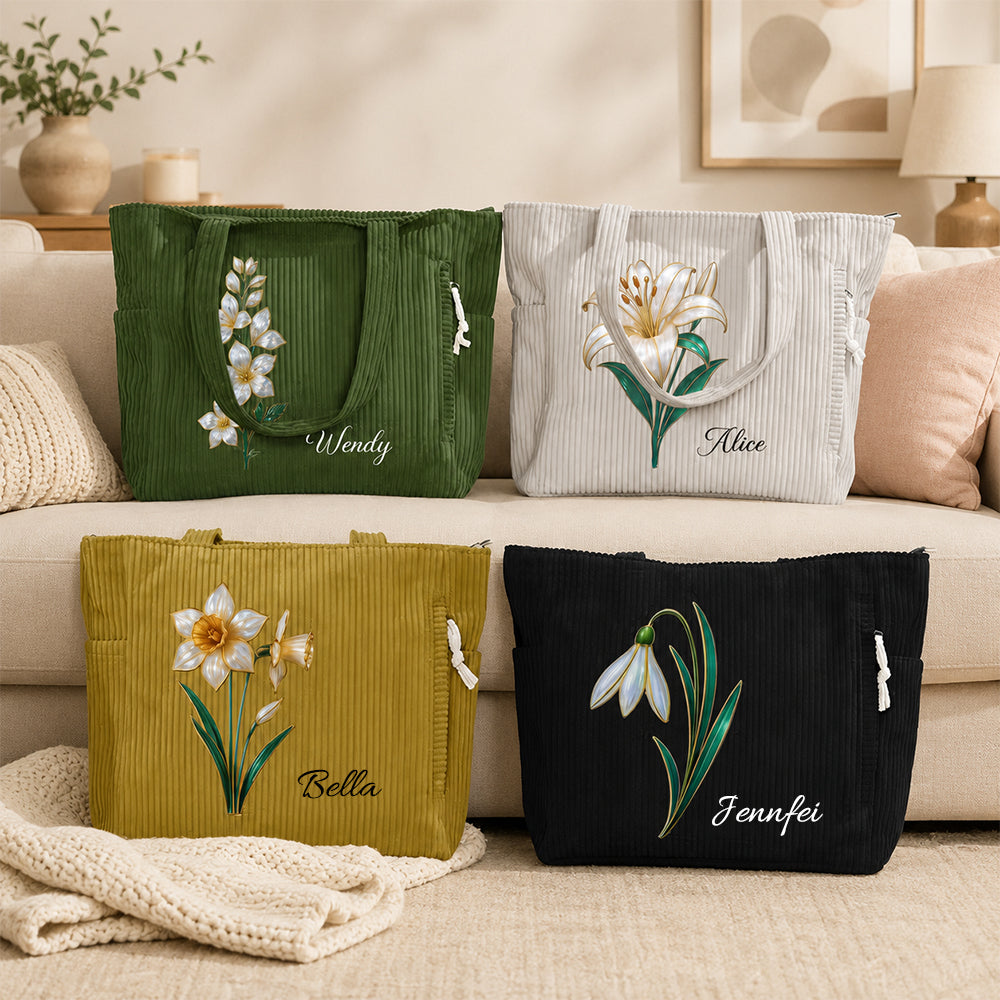 Personalized Birth Flower Corduroy Tote Bag with Name Large Capacity Everyday Shoulder Bag for Work Birthday Gift for Women