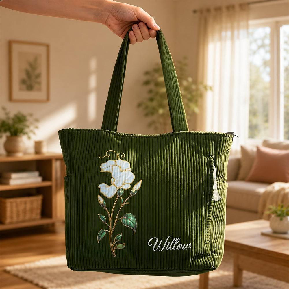Personalized Birth Flower Corduroy Tote Bag with Name Large Capacity Everyday Shoulder Bag for Work Birthday Gift for Women