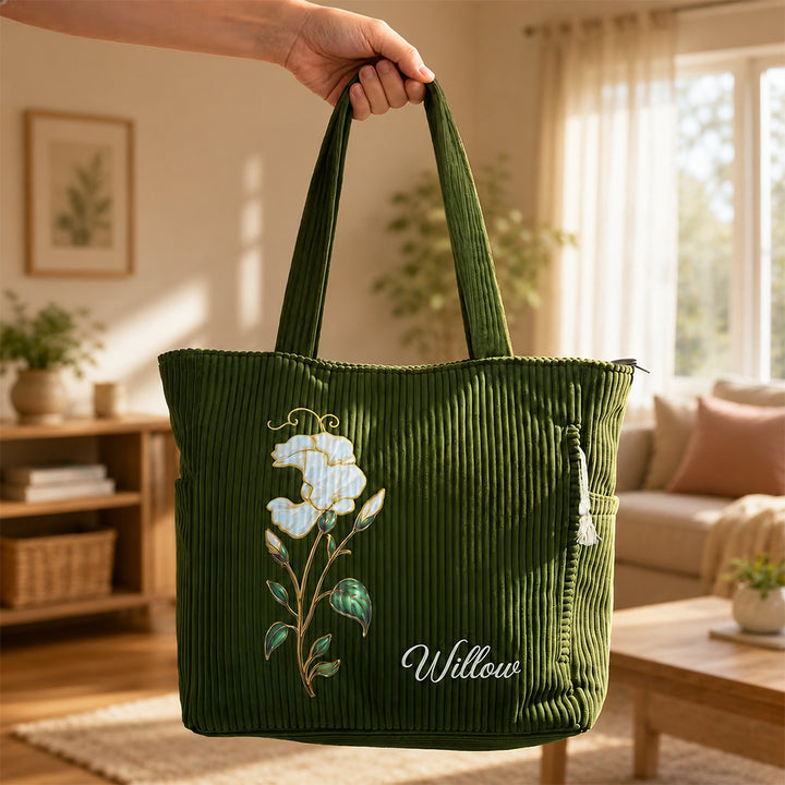 Personalized Birth Flower Corduroy Tote Bag with Name Large Capacity Everyday Shoulder Bag for Work Birthday Gift for Women