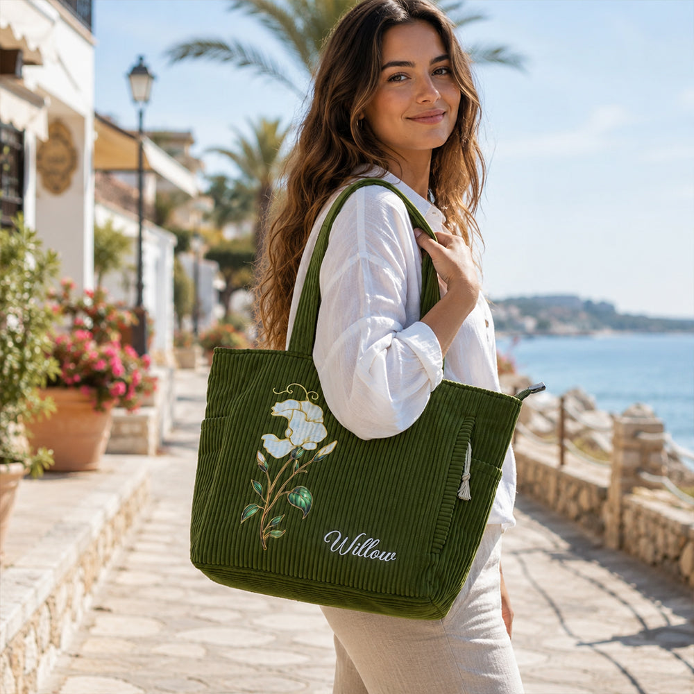 Personalized Birth Flower Corduroy Tote Bag with Name Large Capacity Everyday Shoulder Bag for Work Birthday Gift for Women