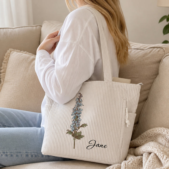 Personalized Birth Flower Corduroy Tote Bag with Name Thoughtful Birthday Gift for Her Women