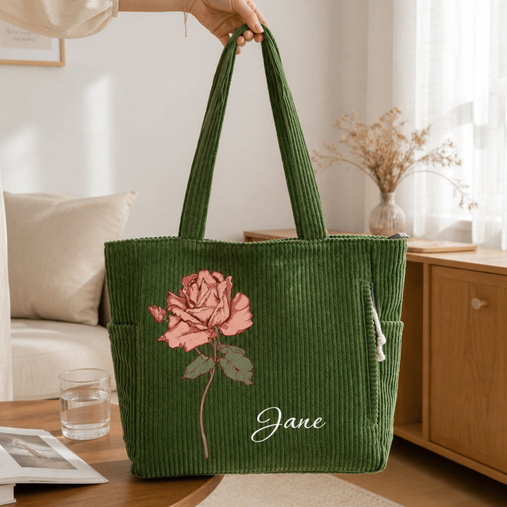 Personalized Birth Flower Corduroy Tote Bag with Name Thoughtful Birthday Gift for Her Women