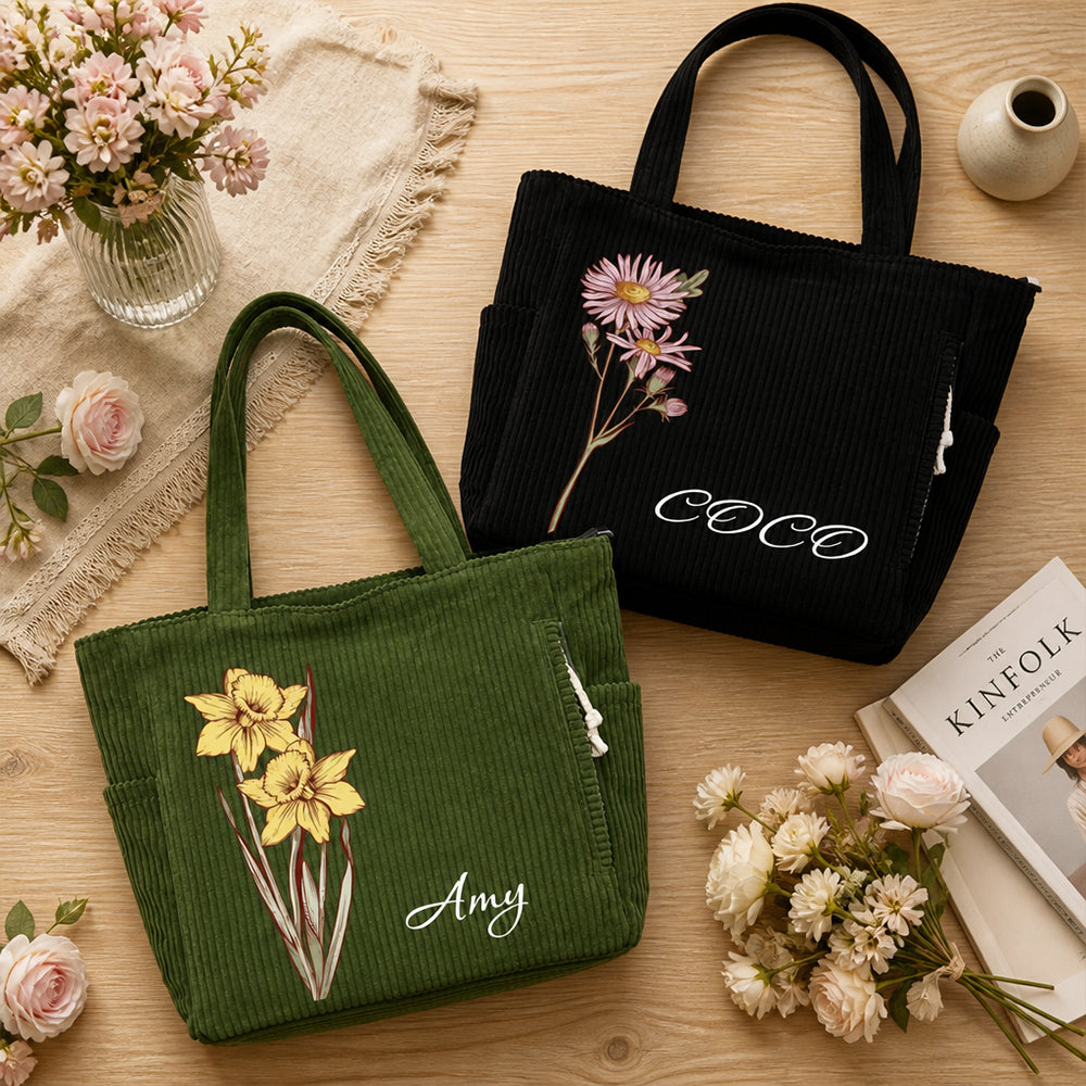 Personalized Birth Flower Corduroy Tote Bag with Name Thoughtful Birthday Gift for Her Women