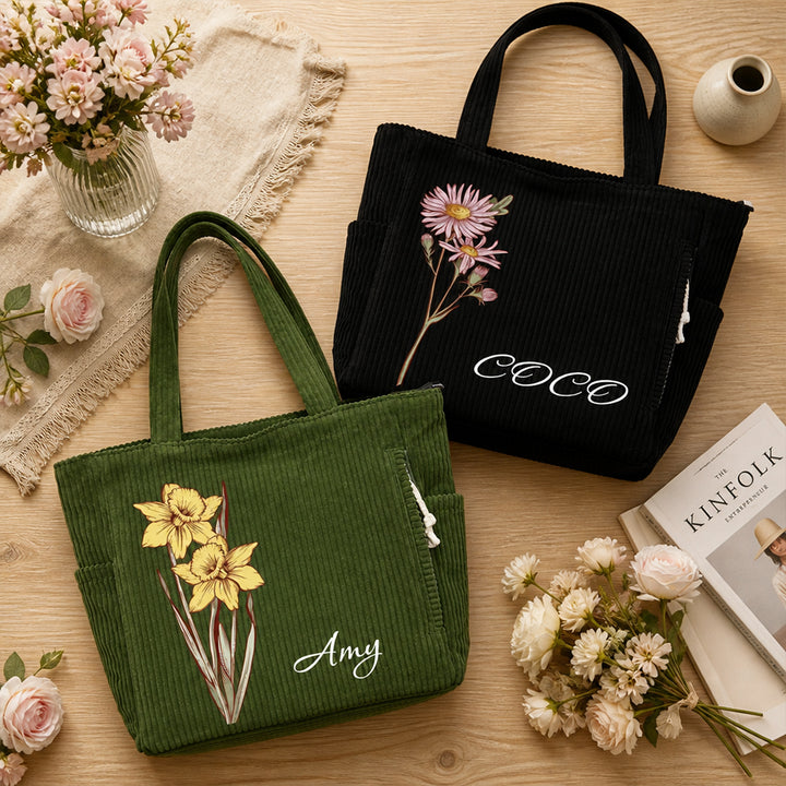 Personalized Birth Flower Corduroy Tote Bag with Name Thoughtful Birthday Gift for Her Women