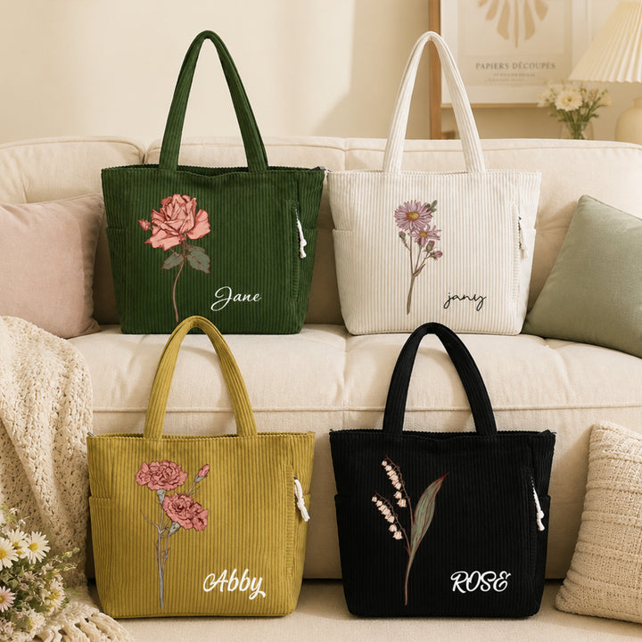 Personalized Birth Flower Corduroy Tote Bag with Name Thoughtful Birthday Gift for Her Women