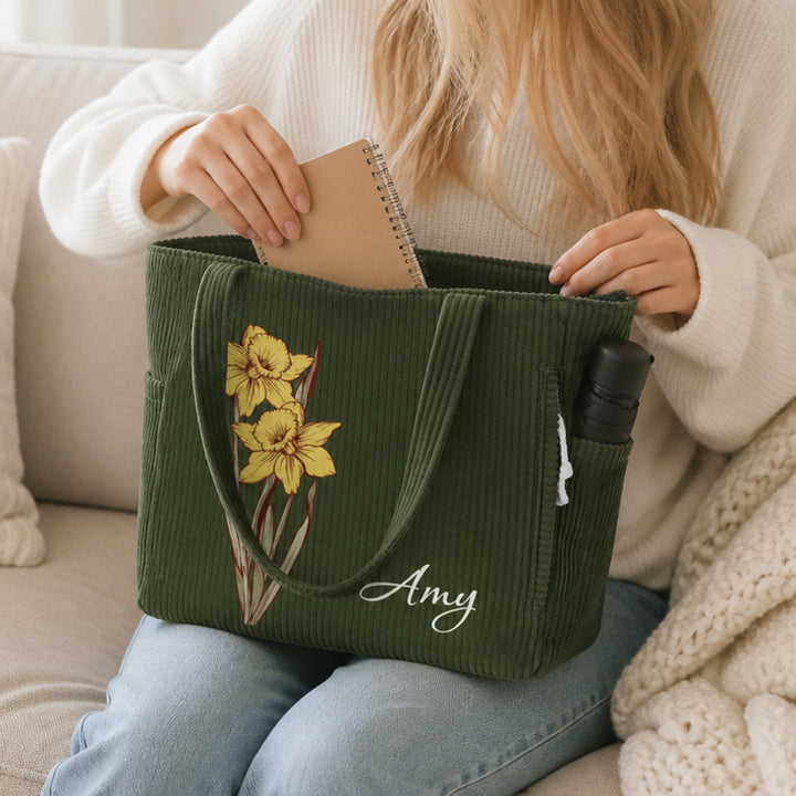 Personalized Birth Flower Corduroy Tote Bag with Name Thoughtful Birthday Gift for Her Women