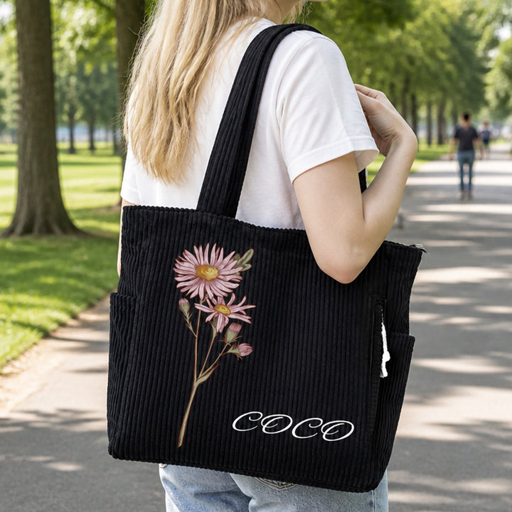 Personalized Birth Flower Corduroy Tote Bag with Name Thoughtful Birthday Gift for Her Women