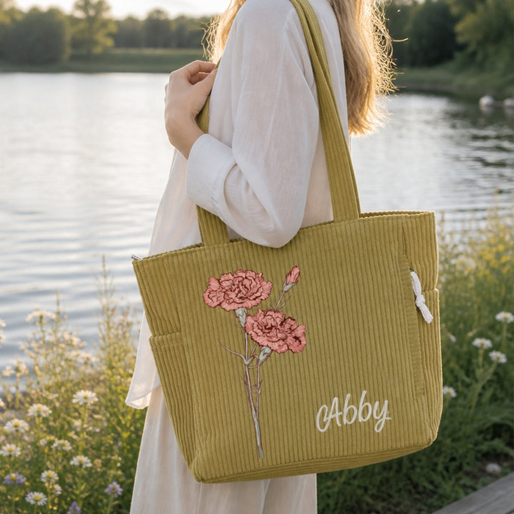 Personalized Birth Flower Corduroy Tote Bag with Name Thoughtful Birthday Gift for Her Women