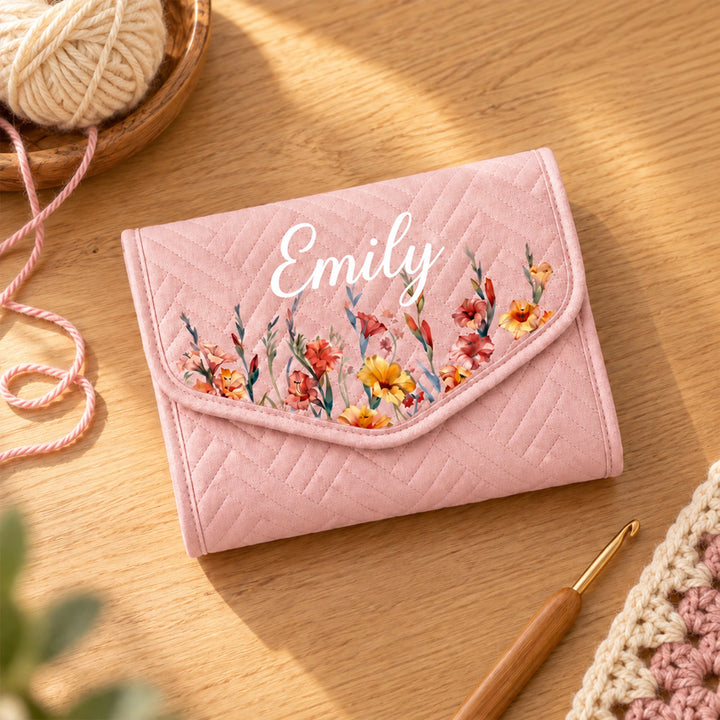 Personalized Birth Flower Crochet Hook Organizer with Name Knitting Storage Case Birthday Gift for Crochet Lovers
