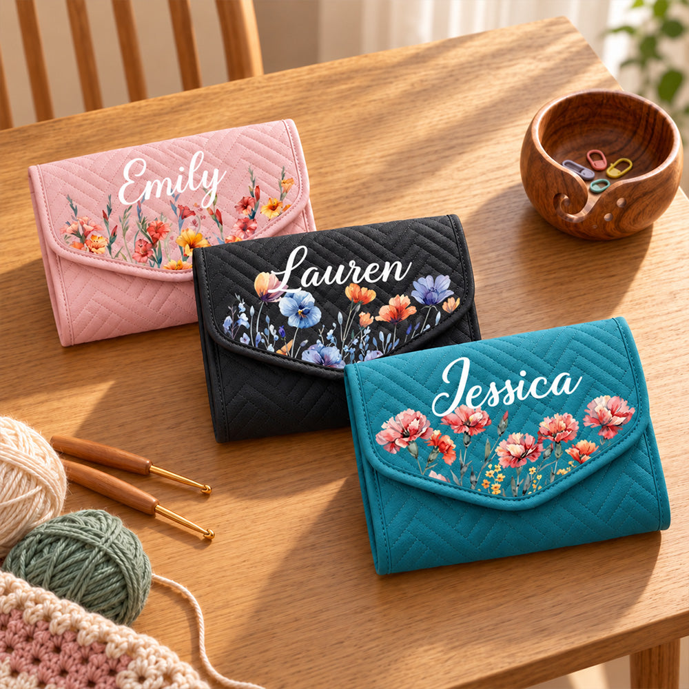 Personalized Birth Flower Crochet Hook Organizer with Name Knitting Storage Case Birthday Gift for Crochet Lovers