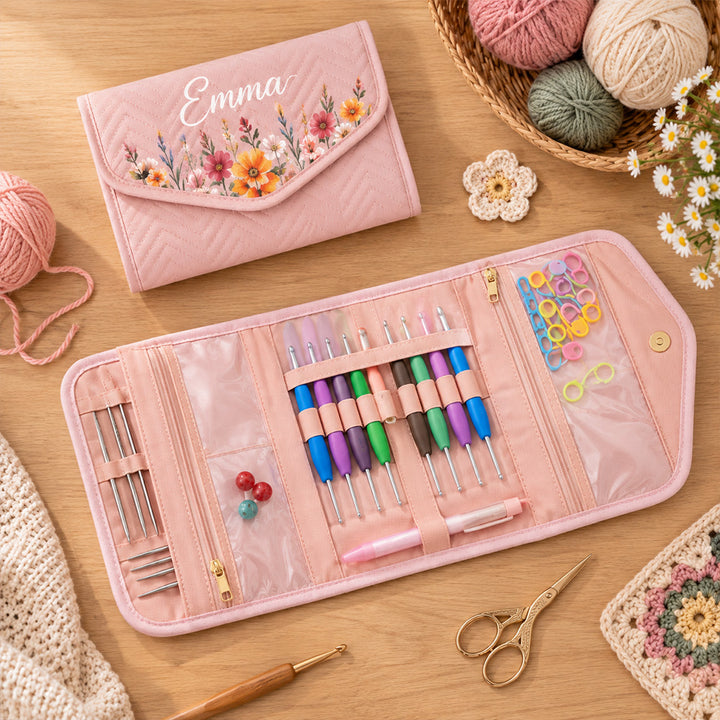 Personalized Birth Flower Crochet Hook Organizer with Name Knitting Storage Case Birthday Gift for Crochet Lovers