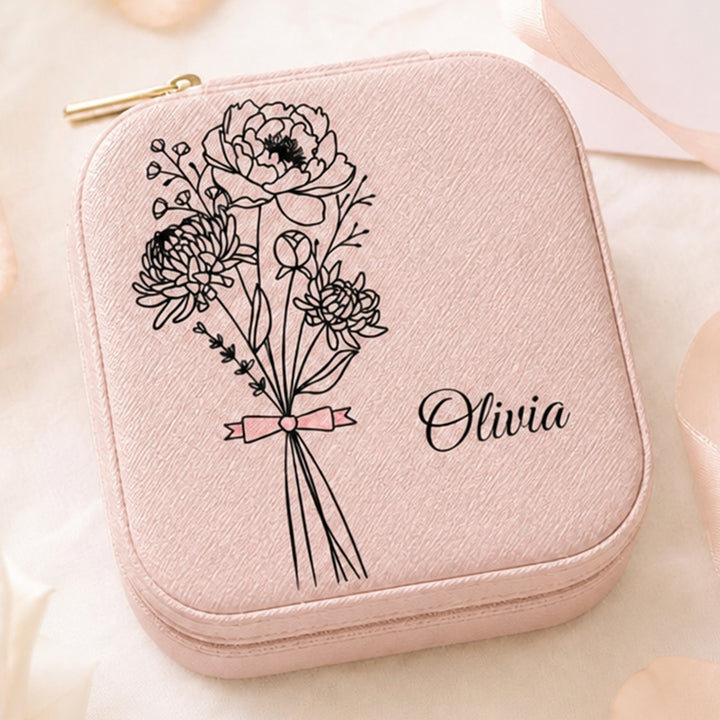 Personalized Birth Flower Jewelry Box Custom Name Leather Travel Case Bridesmaid Mother Wedding Birthday Gift For Women