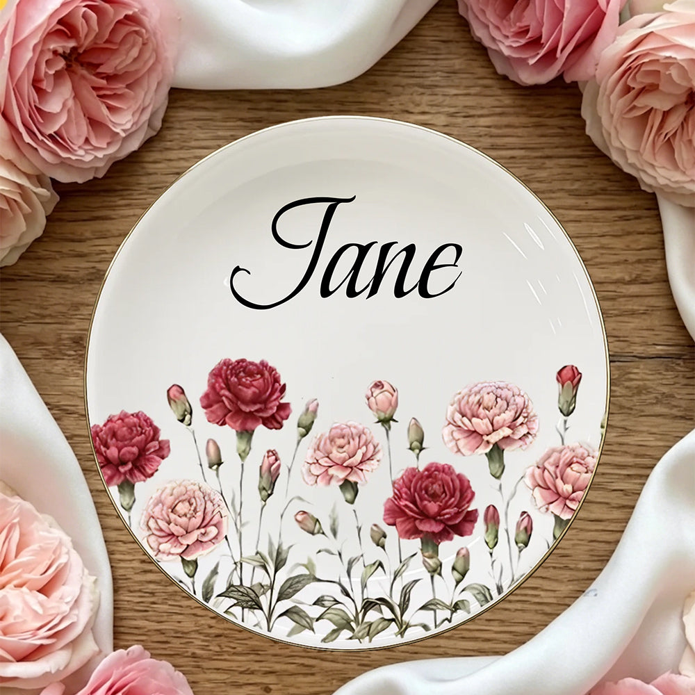 Personalized Birth Flower Jewelry Dish Custom Name Ring Holder Ceramic Trinket Tray Birthday Gift