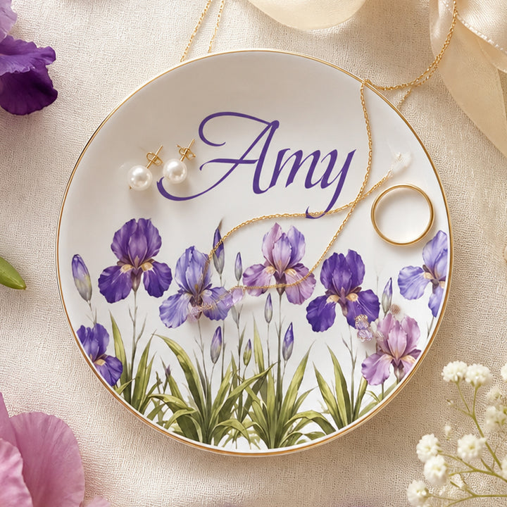 Personalized Birth Flower Jewelry Dish Custom Name Ring Holder Ceramic Trinket Tray Birthday Gift