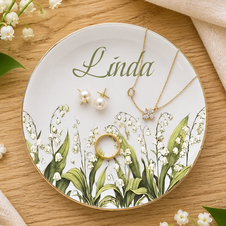 Personalized Birth Flower Jewelry Dish Custom Name Ring Holder Ceramic Trinket Tray Birthday Gift