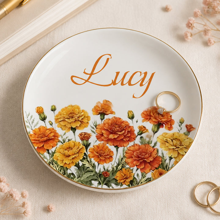 Personalized Birth Flower Jewelry Dish Custom Name Ring Holder Ceramic Trinket Tray Birthday Gift