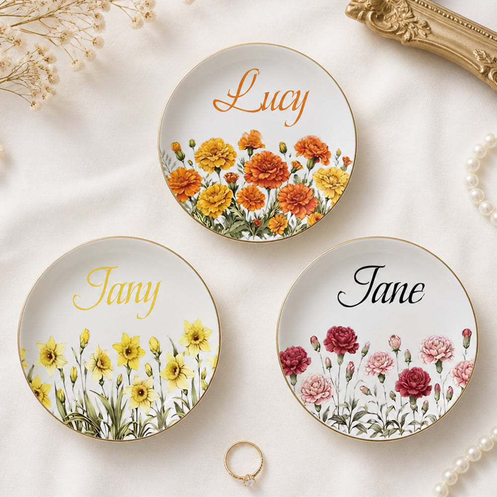 Personalized Birth Flower Jewelry Dish Custom Name Ring Holder Ceramic Trinket Tray Birthday Gift