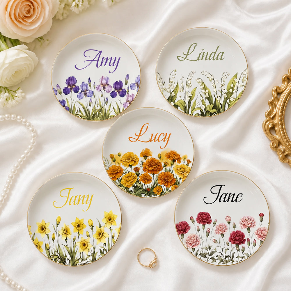 Personalized Birth Flower Jewelry Dish Custom Name Ring Holder Ceramic Trinket Tray Birthday Gift