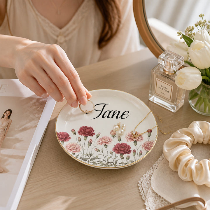 Personalized Birth Flower Jewelry Dish Custom Name Ring Holder Ceramic Trinket Tray Birthday Gift