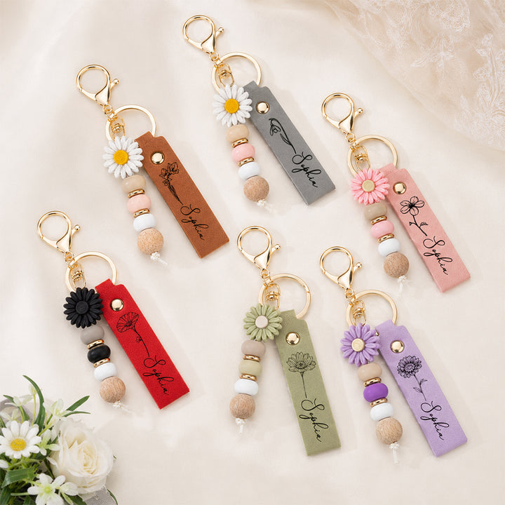 Personalized Birth Flower Leather Beaded Keychain Bloom Where You Are Planted Floral Keyring Gift for Women Mom Sister