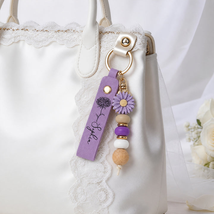 Personalized Birth Flower Leather Beaded Keychain Bloom Where You Are Planted Floral Keyring Gift for Women Mom Sister
