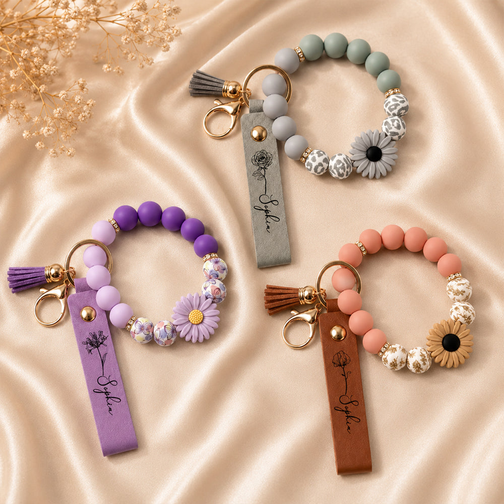 Personalized Birth Flower Leather Beaded Keychain Bloom Where You Are Planted Floral Keyring Gift for Women Mom Sister