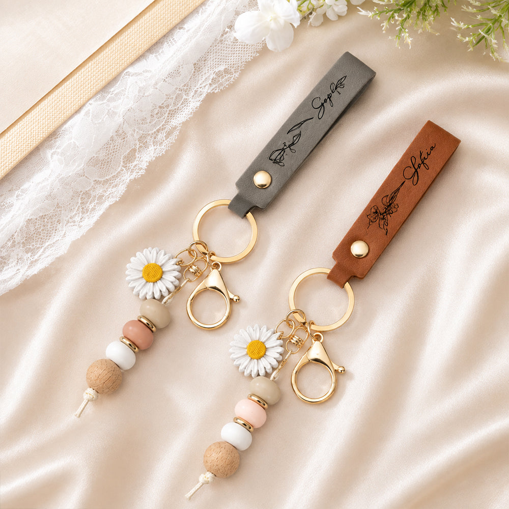 Personalized Birth Flower Leather Beaded Keychain Bloom Where You Are Planted Floral Keyring Gift for Women Mom Sister