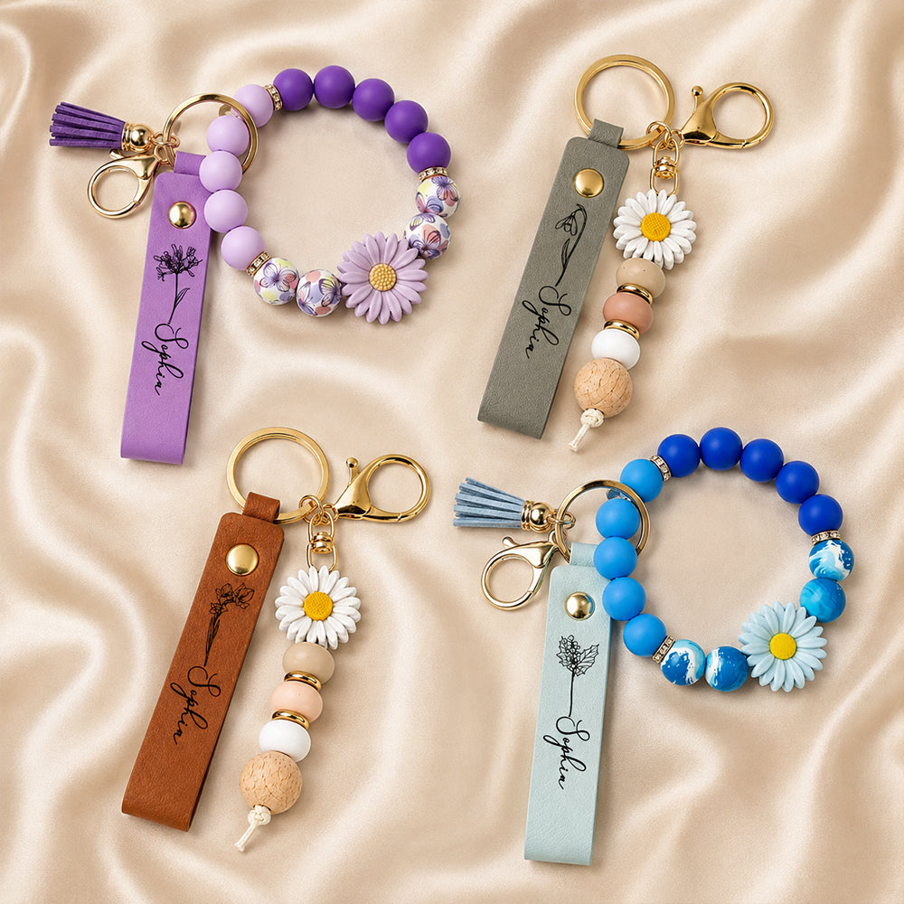 Personalized Birth Flower Leather Beaded Keychain Bloom Where You Are Planted Floral Keyring Gift for Women Mom Sister
