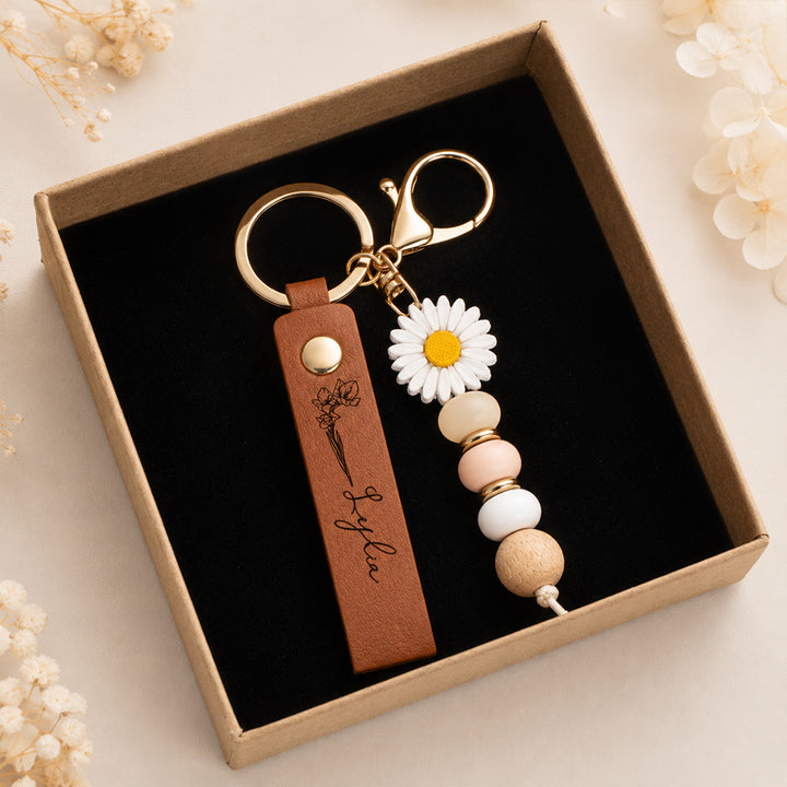Personalized Birth Flower Leather Beaded Keychain Bloom Where You Are Planted Floral Keyring Gift for Women Mom Sister
