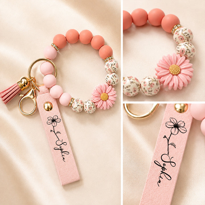 Personalized Birth Flower Leather Beaded Keychain Bloom Where You Are Planted Floral Keyring Gift for Women Mom Sister