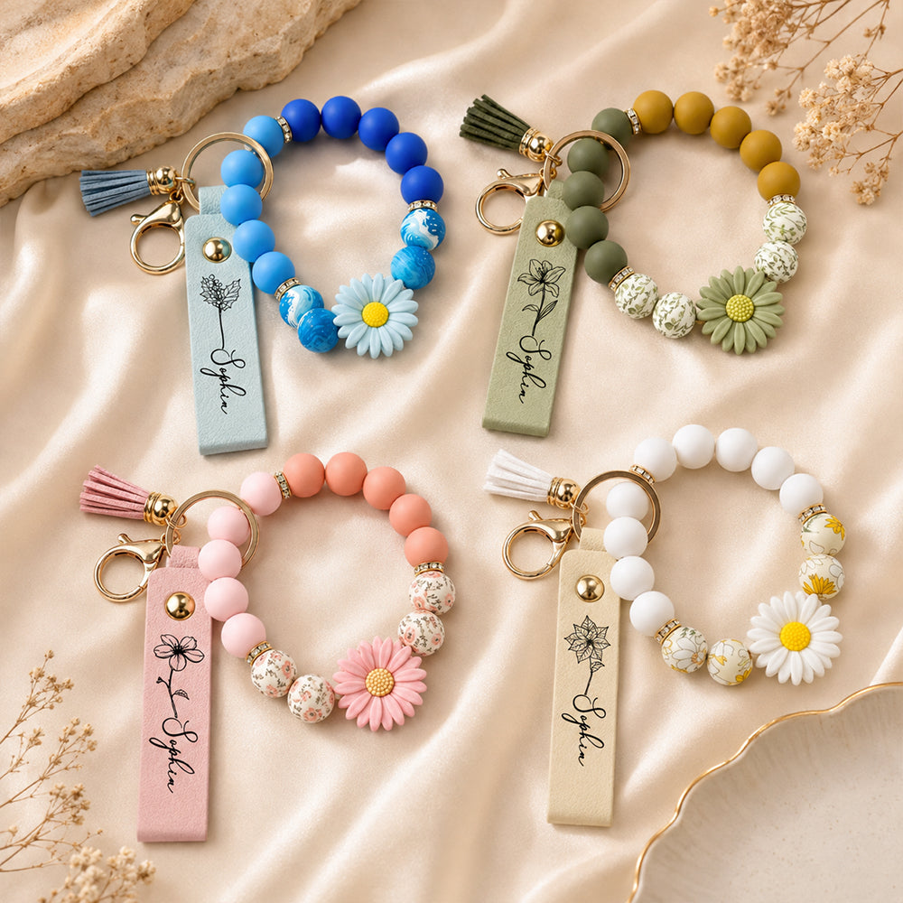 Personalized Birth Flower Leather Beaded Keychain Bloom Where You Are Planted Floral Keyring Gift for Women Mom Sister