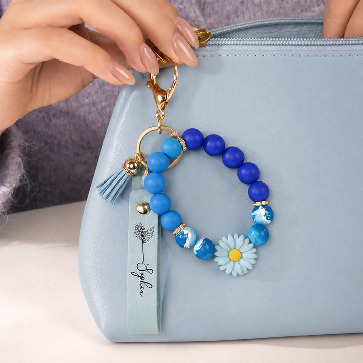 Personalized Birth Flower Leather Beaded Keychain Bloom Where You Are Planted Floral Keyring Gift for Women Mom Sister