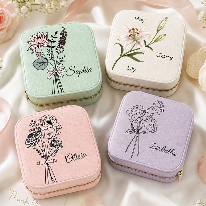Personalized Birth Flower Jewelry Box Custom Name Leather Travel Case Bridesmaid Mother Wedding Birthday Gift For Women
