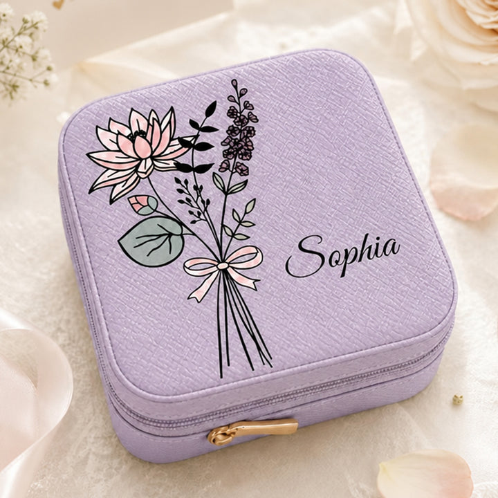 Personalized Birth Flower Jewelry Box Custom Name Leather Travel Case Bridesmaid Mother Wedding Birthday Gift For Women