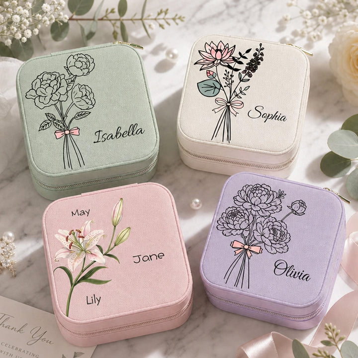 Personalized Birth Flower Jewelry Box Custom Name Leather Travel Case Bridesmaid Mother Wedding Birthday Gift For Women