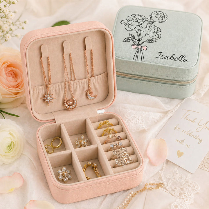 Personalized Birth Flower Jewelry Box Custom Name Leather Travel Case Bridesmaid Mother Wedding Birthday Gift For Women