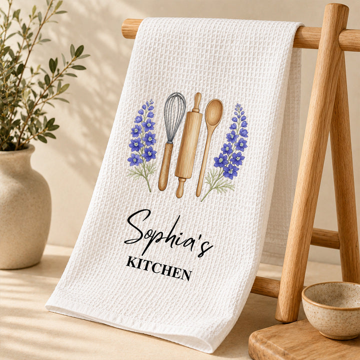 Personalized Birth Month Flower Kitchen Towel with Name Custom Floral Dish Towel Birthday Gift for Mom Grandma Her