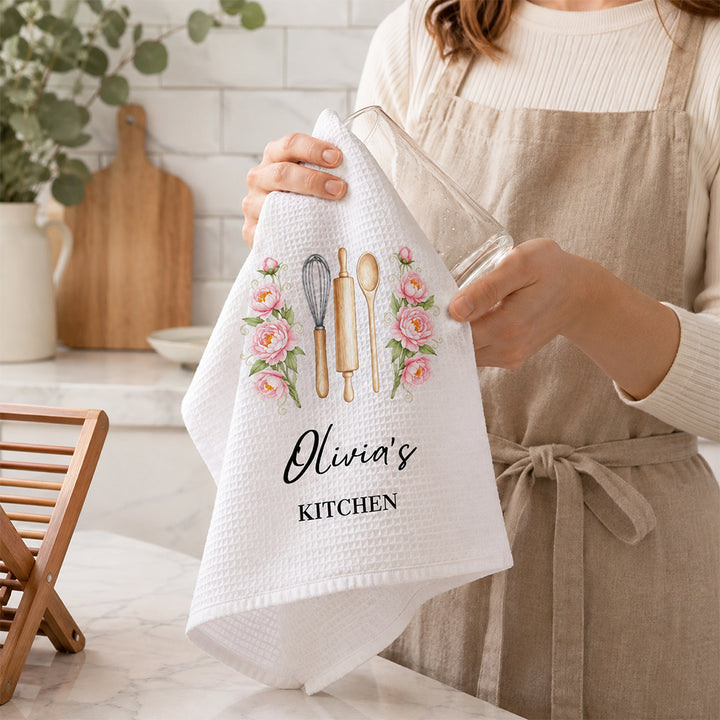 Personalized Birth Month Flower Kitchen Towel with Name Custom Floral Dish Towel Birthday Gift for Mom Grandma Her